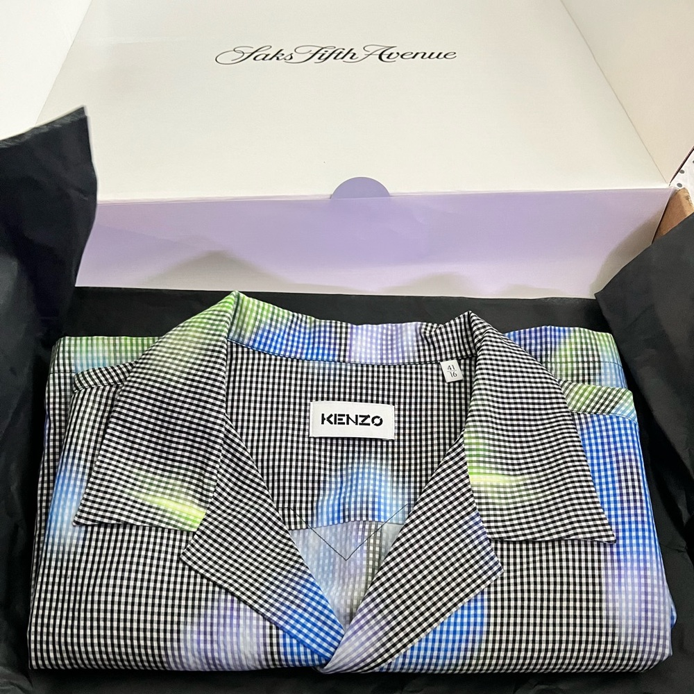 KENZO Black & Blue Viscose Check Short Sleeve Shirt with flower pattern New!